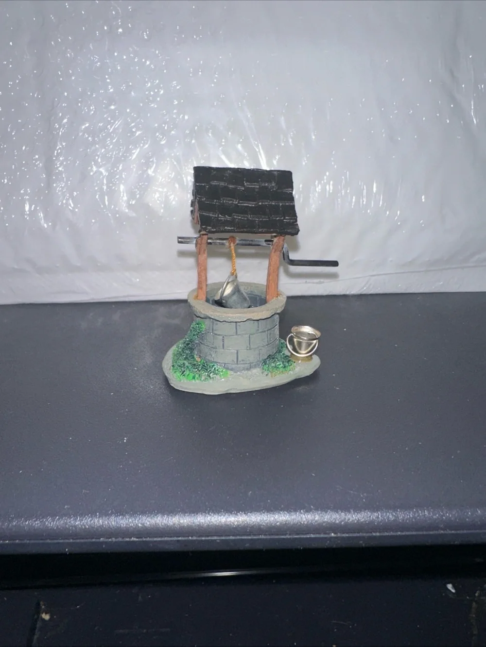 Miniature Decorative Wishing Well - Black Roof, Gray Stone